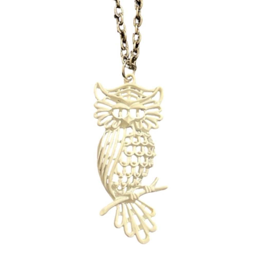 Vintage Retro White Enamel Cut Out Metal Owl Pendent Necklace
